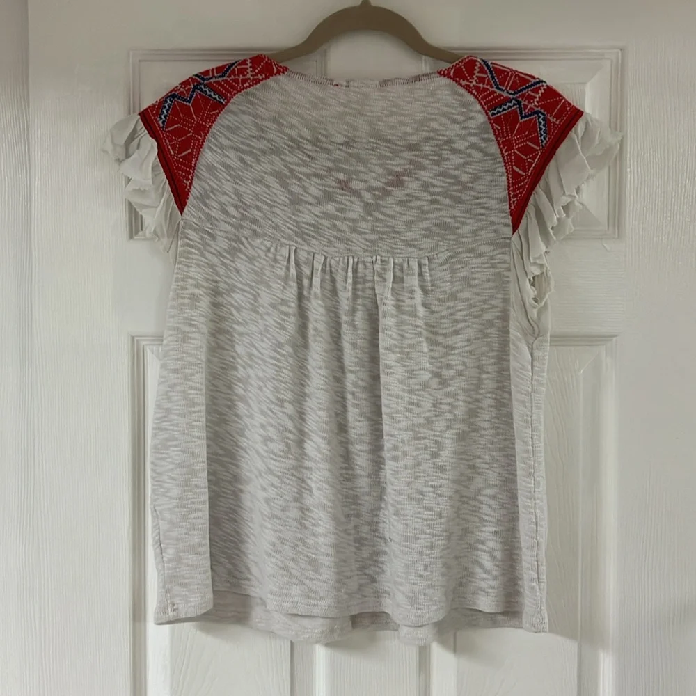 Anthropologie White Top with Red & Blue Embroidered Yoke